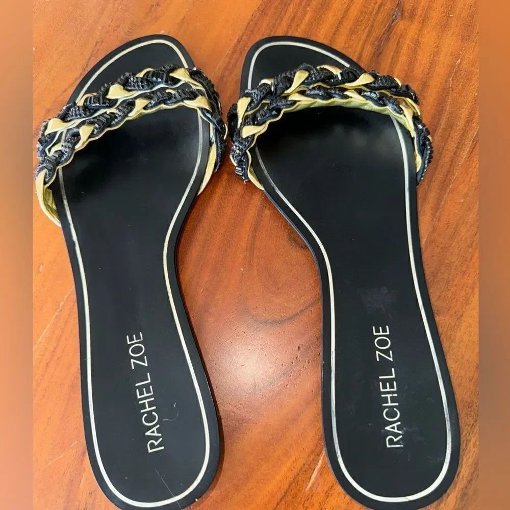 Rachael Zoe tongs slides woven black and gold with toe hold